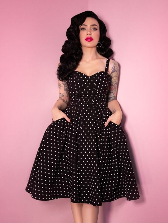 Vixen by Micheline Pitt Dresses & Skirts - Vixen by Micheline Pitt Maneater Swing Dress in Black Polka Dot, small